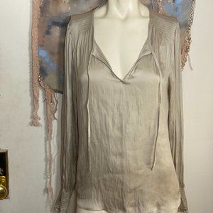 Banana Republic off-white satin sheen blouse with shirring detail and a tie neck